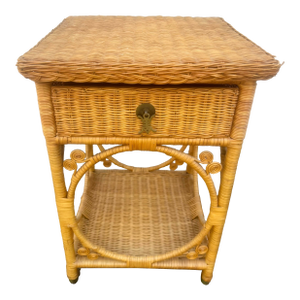 Vintage Wicker Side Table Nightstand With Drawer