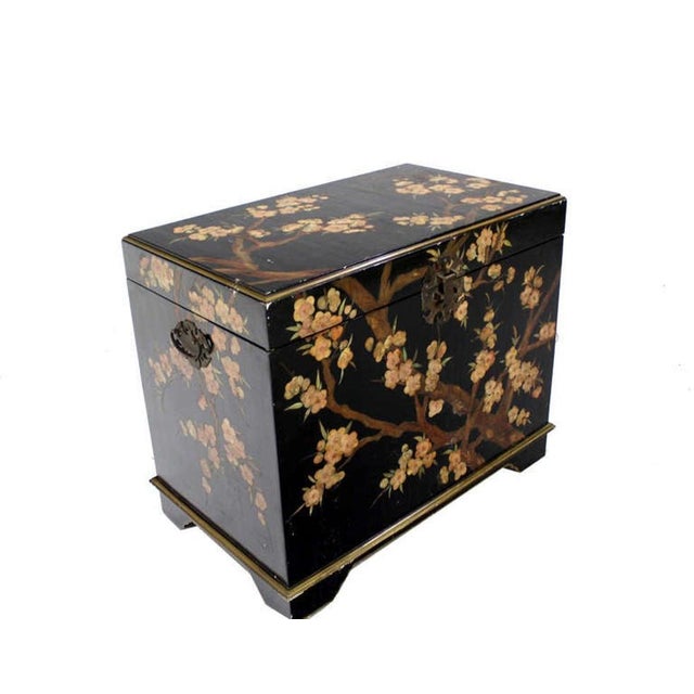 Oriental Hand Painted Black Lacquer Bar Trunk Chest Electric Lift Shelf Inside For Sale - Image 4 of 9