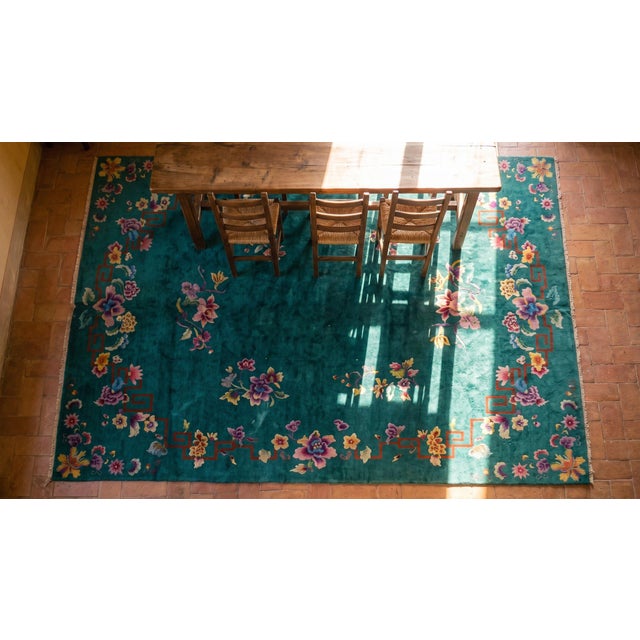1920s Green Flowers Modern Antique Chinese Art Deco Carpet 8'9" X 11'6" Knotted Pile Wool Rug For Sale - Image 12 of 12