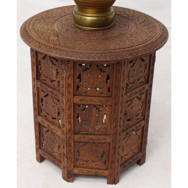 20th Century Folk Art Pierced Carving Teak Round Folding Side Table For Sale - Image 4 of 9