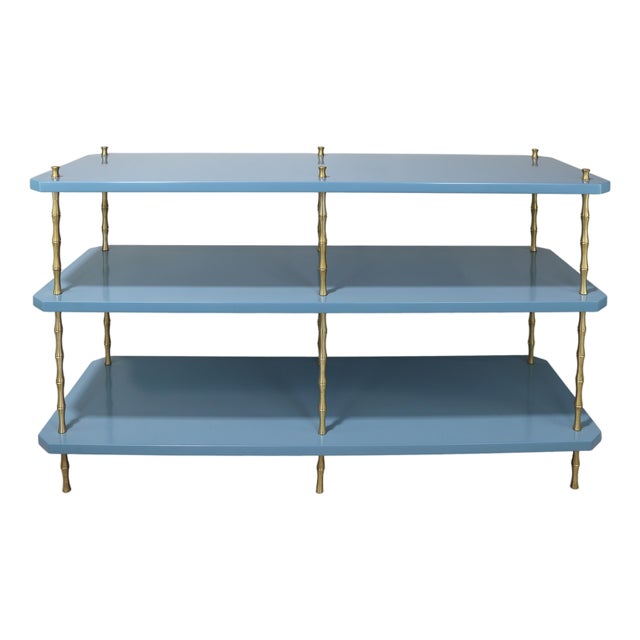 Vintage Navy Blue Lacquered Brass Three-Tier Console Table For Sale