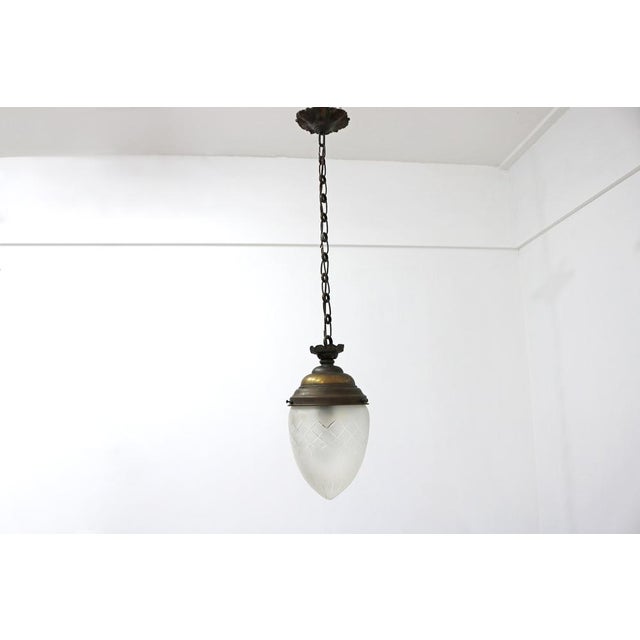 Antique French Teardrop Hall Lantern in Brass with Etched Frosted Glass, 1890s For Sale - Image 5 of 16