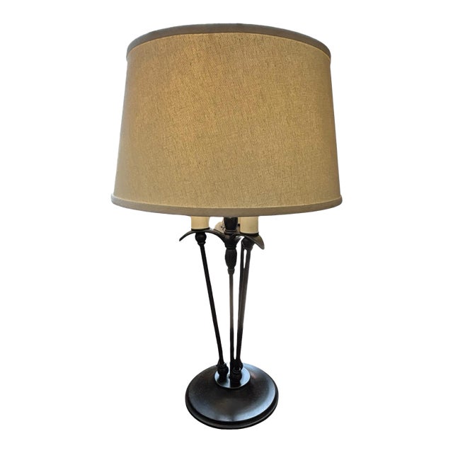 Late 20th Century Three-Light Wrought Iron Bronze Candlestick Table Lamp For Sale