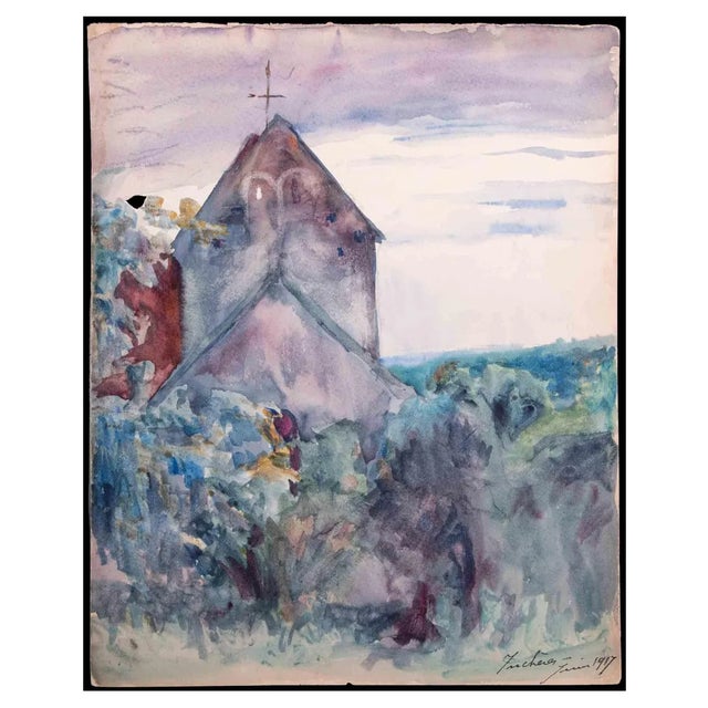 Jean Chapin, Country Church, Original Watercolor, 1917 For Sale