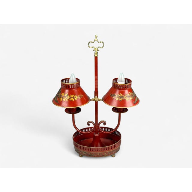Chinoiserie Chinese Export, Painted Metal, Brass, Red Japanned Table Lamp, 20th C. For Sale - Image 3 of 10