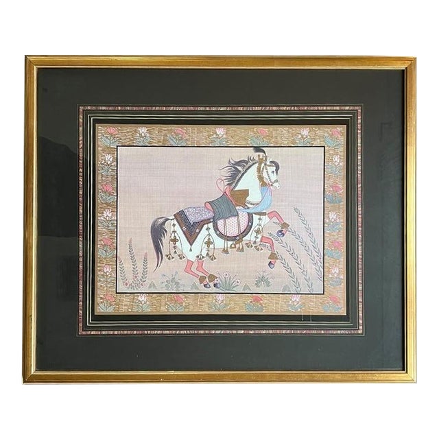Late 20th Century Framed Hand Painted Indian Gouache Painting of Horse on Silk in Pink - India For Sale