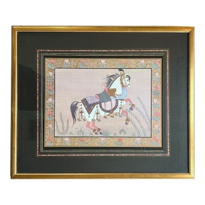 Late 20th Century Framed Hand Painted Indian Gouache Painting of Horse on Silk in Pink - India