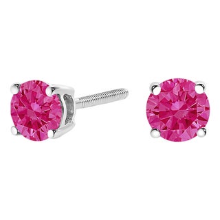 10K White Gold 1.0 Cttw Lab Created Round Brilliant Cut Pink Diamond Classic 4-Prong Solitaire Stud Earrings (Fancy Pink Color, VVS2-VS1 Clarity) For Sale