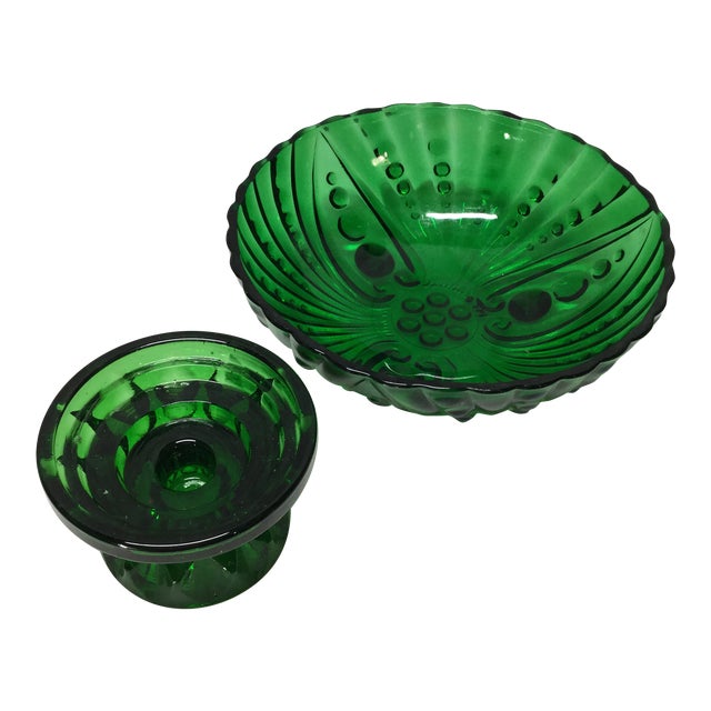 Art Deco Green Glass Bowl & Candle Holder 2 Pc Set Chairish