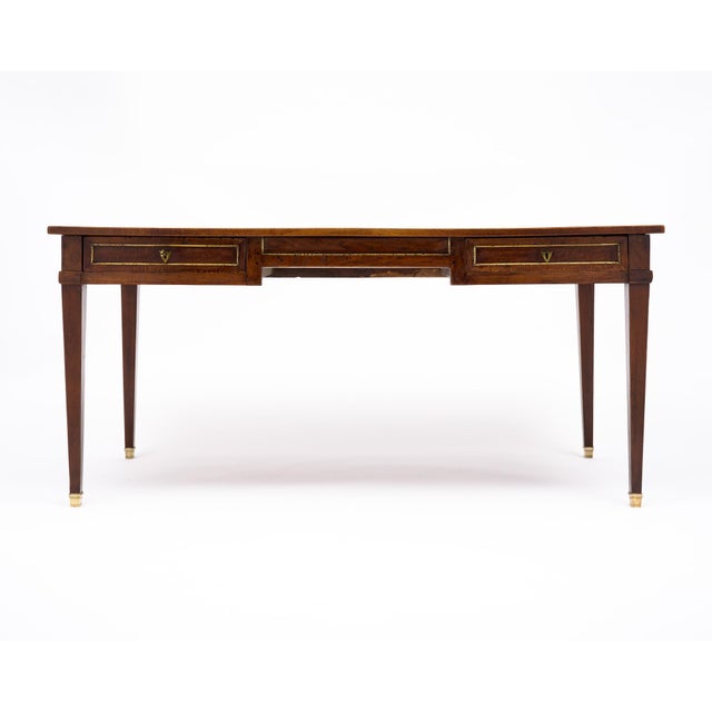 French Provincial French Louis XVI Provincial Oak "Bureau Plat" With Green Leather Top For Sale - Image 3 of 9