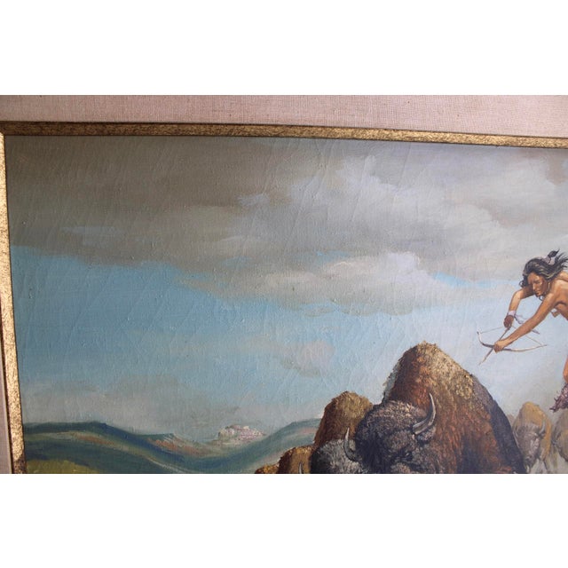 Original Large Western Buffalo Hunt Oil Painting by Pt Mendoza For Sale - Image 4 of 8