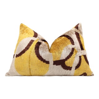 Luxury Mustard, Cream and Chocolate Silk Velvet Ikat Lumbar Pillow 16x24 Inch With Down Insert For Sale