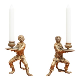 Monkey Candlesticks in Brass in Singerie Style, Set of 2 For Sale