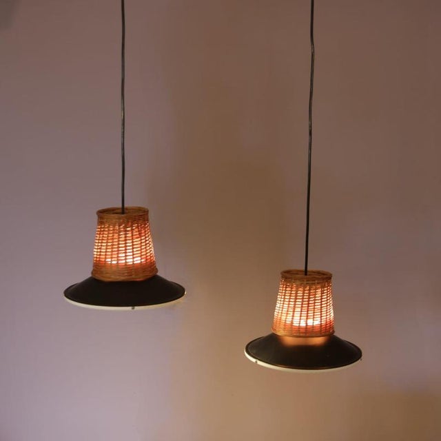 Hanging Lamps in Wicker, Black Metal, and Glass, 1950s, Set of 2 For Sale - Image 4 of 8