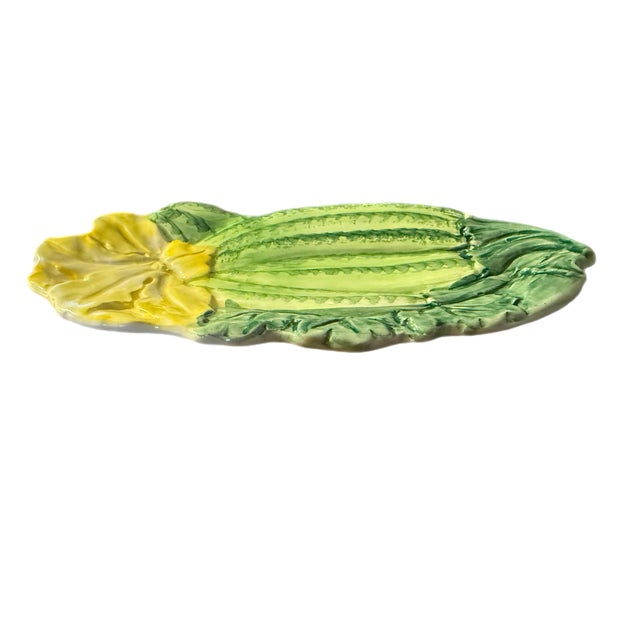 Italian Late 20th Century Italian Majolica Hand-Painted Ceramic Zucchini Flower Serving Dish For Sale - Image 3 of 5