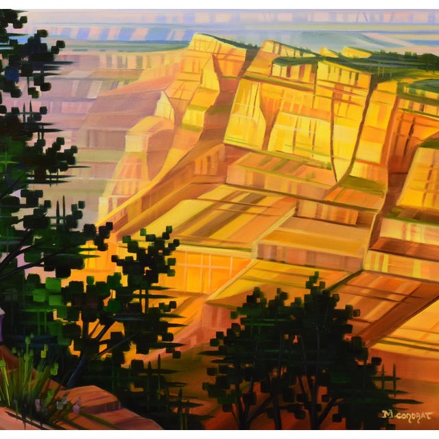 In "Golden Canyon," vibrant hues of orange and green capture the essence of a sunlit canyon, with bold brushstrokes...