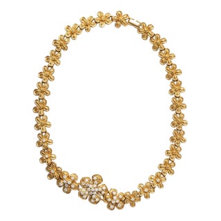 Vintage Gold-Tone Rhinestone Floral Blossom Collar Necklace, 1970s For Sale