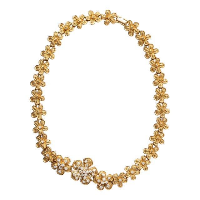 Vintage Gold-Tone Rhinestone Floral Blossom Collar Necklace, 1970s For Sale