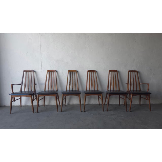 This is a lovely set of six Danish teak sculpted "Eva" dining chairs by Niels Koefoed for Koefoeds Hornslet. A perfect...