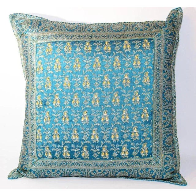 Robin's Egg Blue Turquoise Mughal Style Decorative Throw Pillow Embellished With Sequins and Beads For Sale - Image 8 of 13