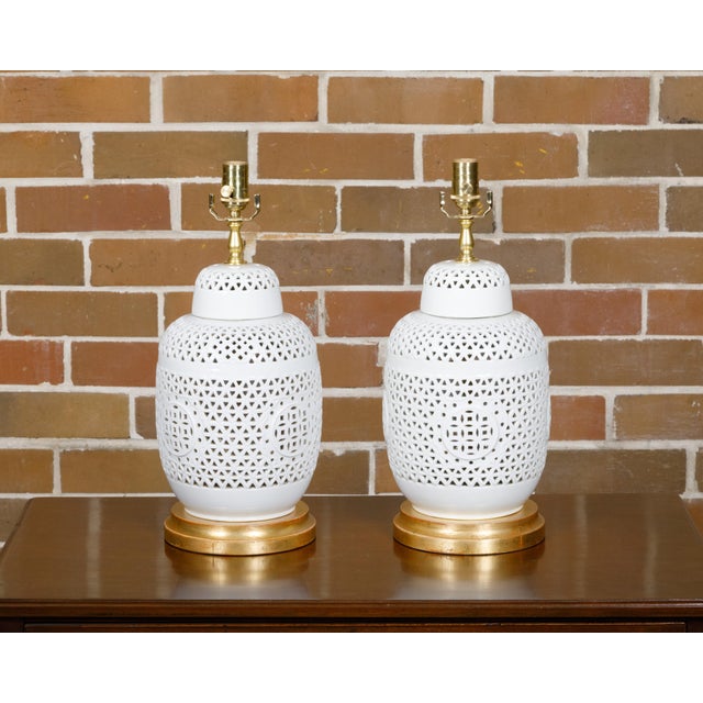1920s White Porcelain Asian Vases with Geometric Décor Made into Table Lamps - a Pair For Sale - Image 9 of 9