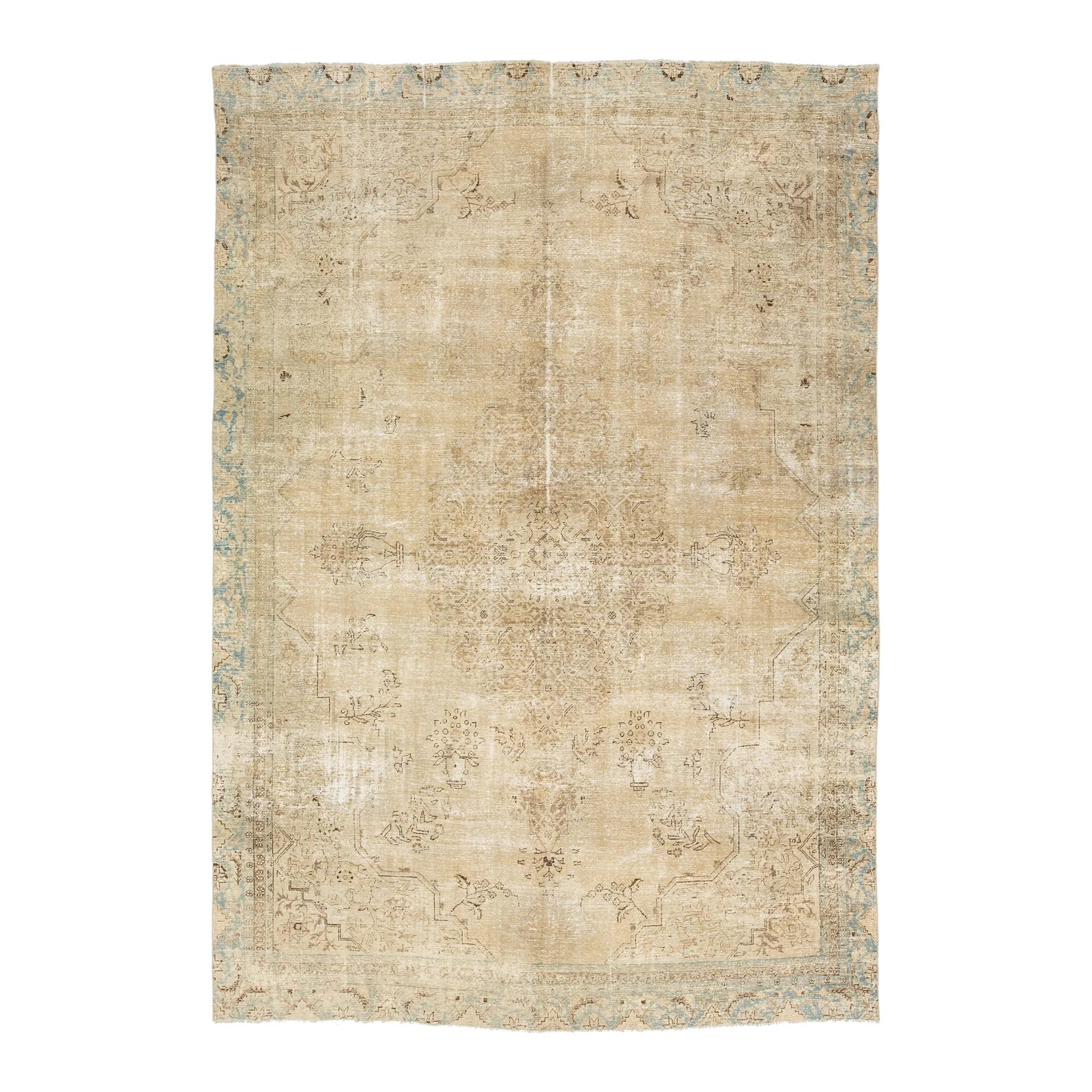 Beige Antique Persian Tabriz Wool Rug With Rosette Motif | Chairish