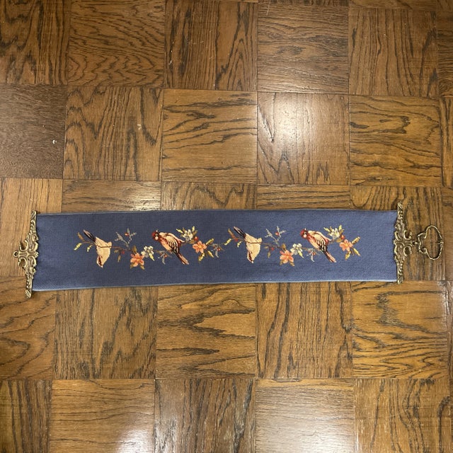 Needlepoint and petit-point hand done bell pull, featuring multiple birds and florals on a blue background. High quality...