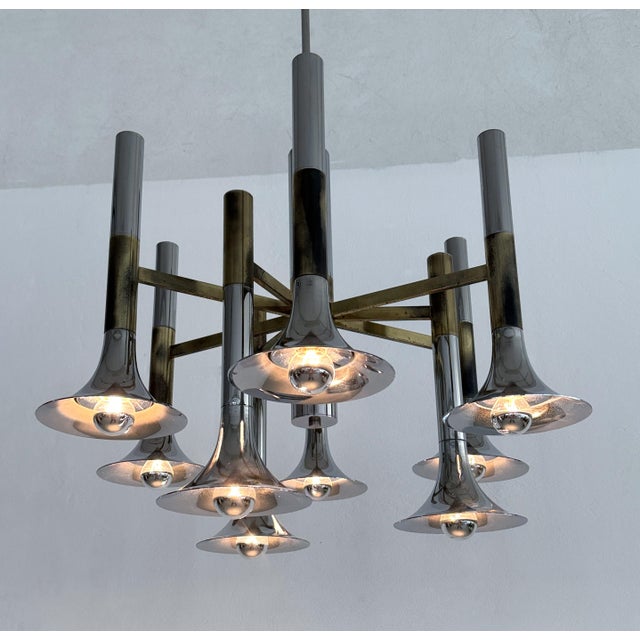 Large Italian Chrome and Brass Trumpet Chandelier attributed to Lumi Milano, 1970s For Sale - Image 4 of 18