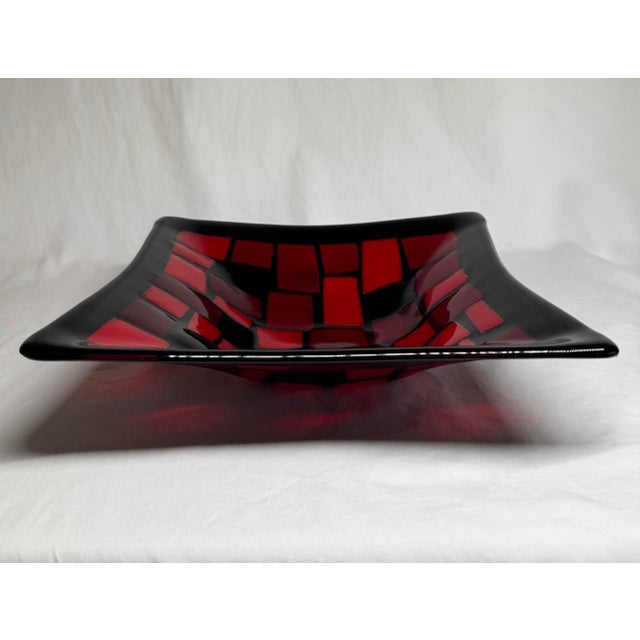 Mid 20th Century Black Red Geometric Pattern Fused Glass Square Bowl For Sale - Image 10 of 11
