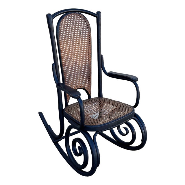 Mid-Century Era Bent Oak & Cane Scrolling Rocking Chair by Thonet Hermanos For Sale