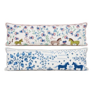White Horse Suzani Lumbar Pillow Cover 18'' X 54'' - Set of Two For Sale