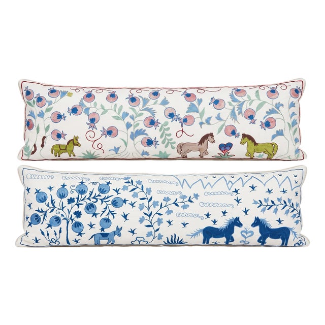 White Horse Suzani Lumbar Pillow Cover 18'' X 54'' - Set of Two For Sale