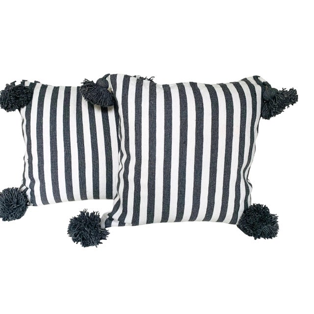 Moroccan Handloomed Pom-Pom Pillows, 19" x 19" - A Pair For Sale