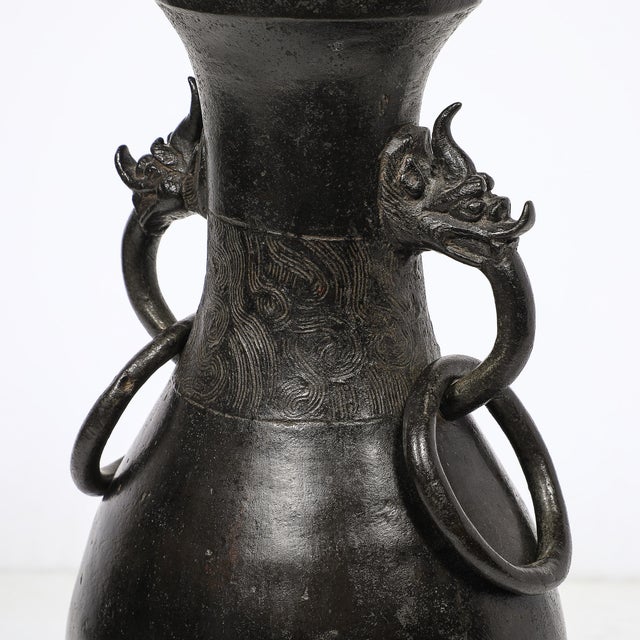 Pair of Mid-Century Iron Dragon Amphora Chinoiserie Table Lamps W/ Ring Details For Sale - Image 9 of 15