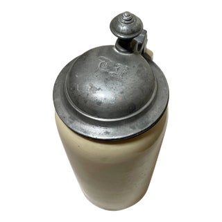 Antique 1Ltr. Early 1800's German Pottery Pewter Lidded Beer Stein Mug Tankard For Sale