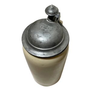 Antique 1Ltr. Early 1800's German Pottery Pewter Lidded Beer Stein Mug Tankard