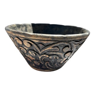 Primitive Style Blackened Carved Wood Bowl For Sale