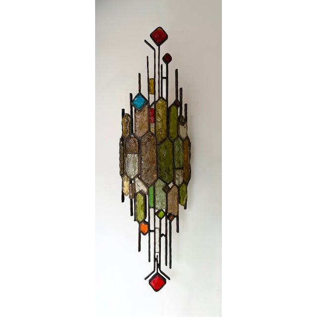 Extra large Pair of Mid-Century Modern wall lamps light lighting sconces multicolor and clear hammered glass and wrought...