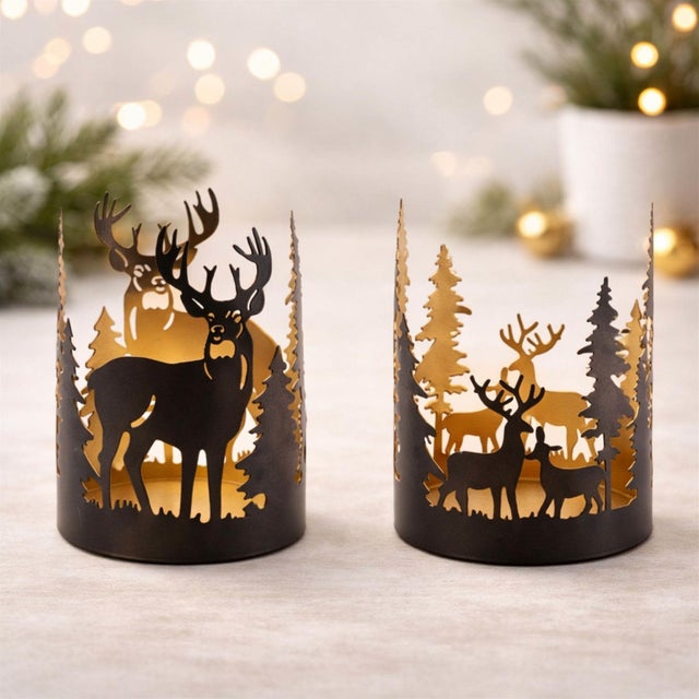 Bring woodland charm and modern elegance to your space with the Cut Metal Deer and Forest Candle Holder Set. Featuring a...