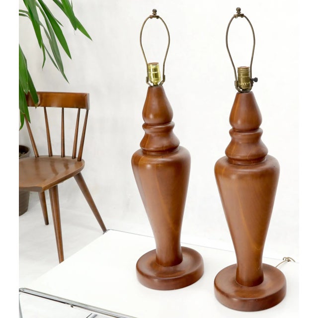 Mid-Century Modern Pair of Large Oversize Heavy Turned Solid Teak Table Lamps For Sale - Image 3 of 9