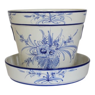 Vintage Hand Painted Blue & White Planter With Plate Made in Portugal For Sale