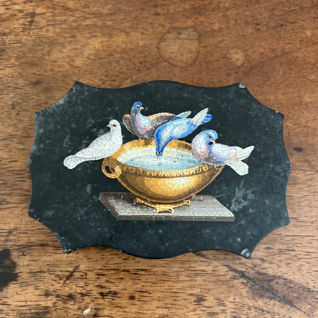 19th-century Italian Grand Tour micromosaic paperweight or plaque depicting the famous "Doves of Pliny" set into a black...