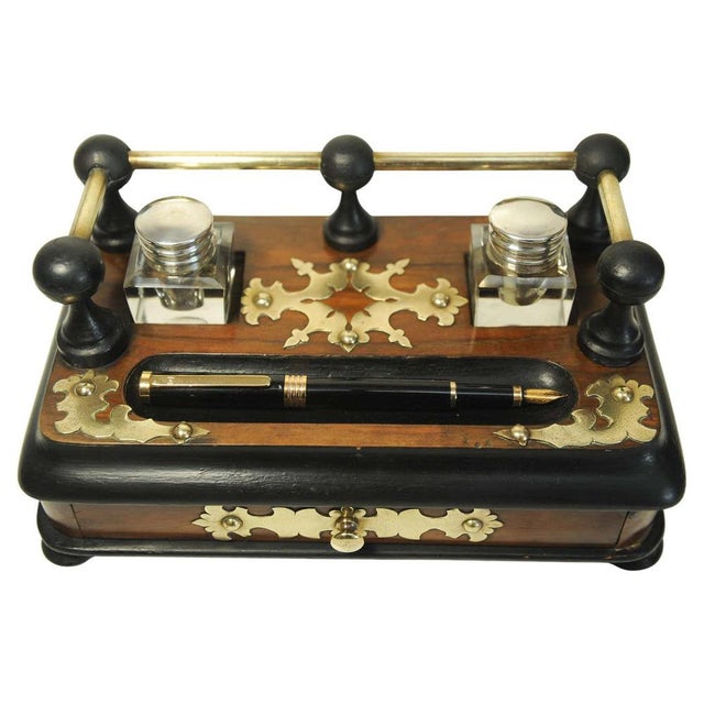 Victorian Ebonised Desk Set with Two Cut Glass Inkwells, Set of 6 For Sale - Image 3 of 13