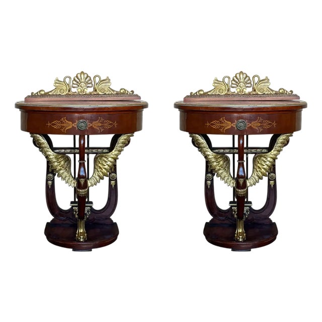 20th Century Pair of Demilune Swan Nightstands With Marquetry Top and Crest For Sale