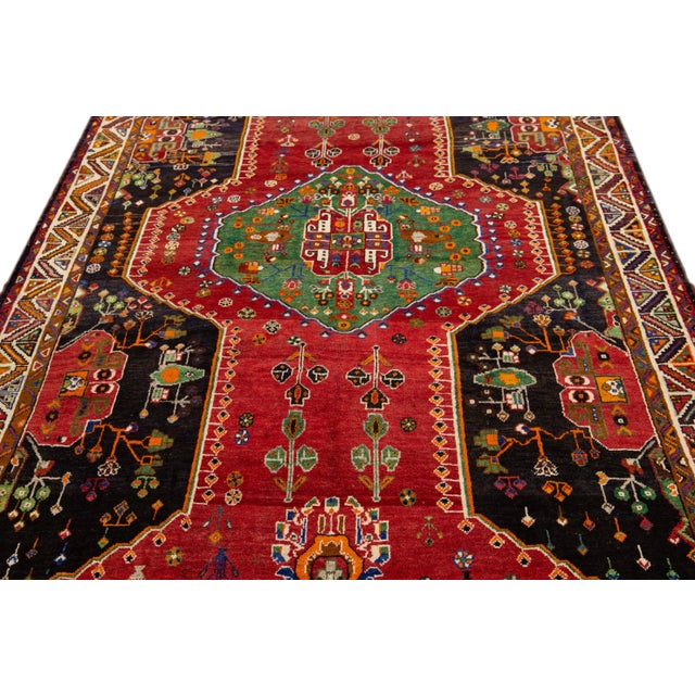 Persian Red and Green Vintage Shiraz Handmade Geometric Designed Wool Rug For Sale - Image 3 of 10