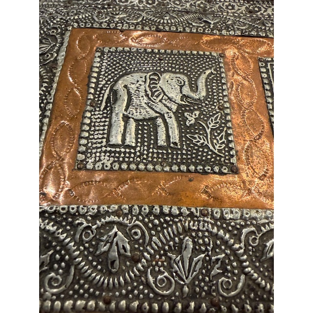 Copper Vintage Large Indian Embossed Silver Metal & Copper Jewelry Chest - 13.5” W For Sale - Image 8 of 10