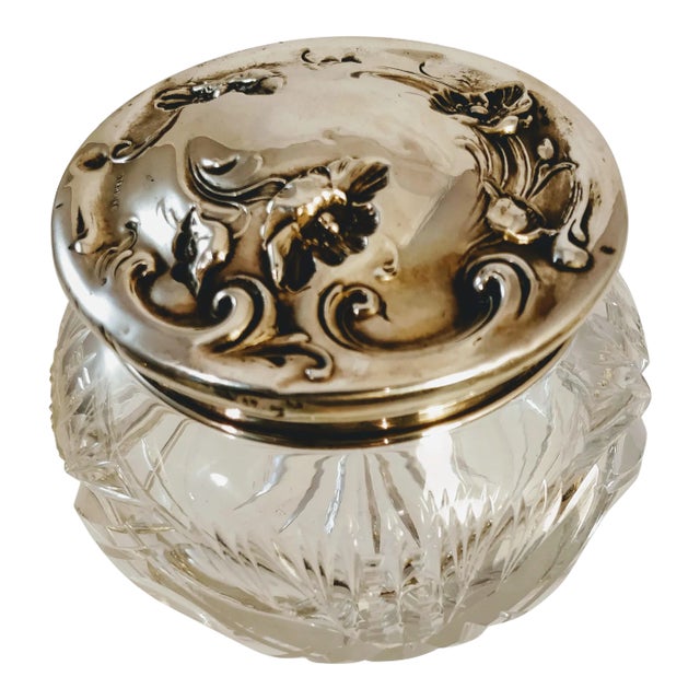 Sterling Cut Glass Art Nouveau Repousee Powder Jar For Sale