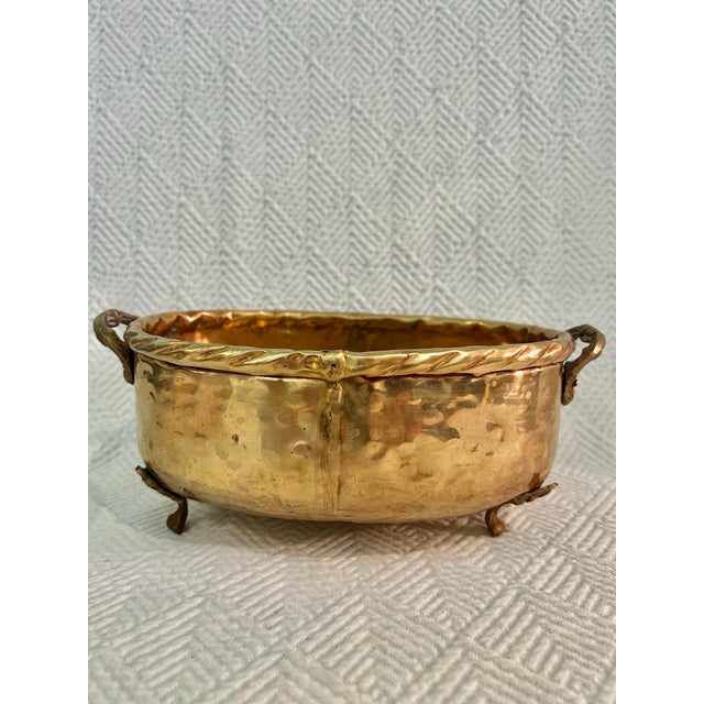 Mid 20th Century Vintage Hammered Brass Cachepot Planter With Paw Feet and Decorative Handles For Sale - Image 5 of 11
