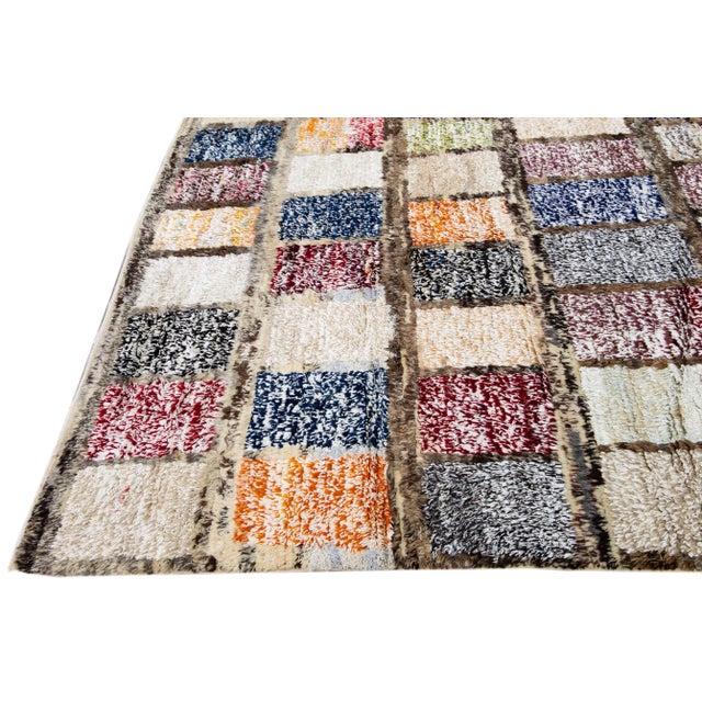 Brown Modern Turkish Tulu Handmade Multicolor Square Designed Pattern Wool Rug For Sale In New York - Image 6 of 13