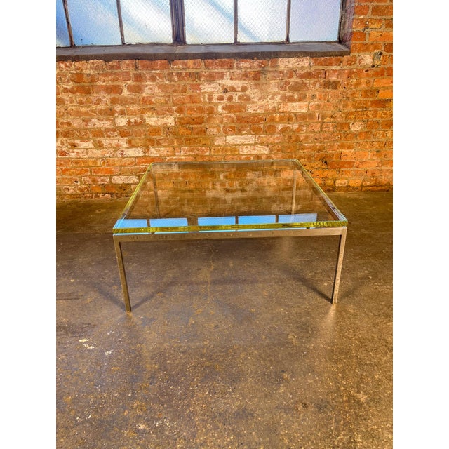Mid-Century Modern Late 20th Century Square Glass Coffee Table With Polished Steel Parsons Base For Sale - Image 3 of 7